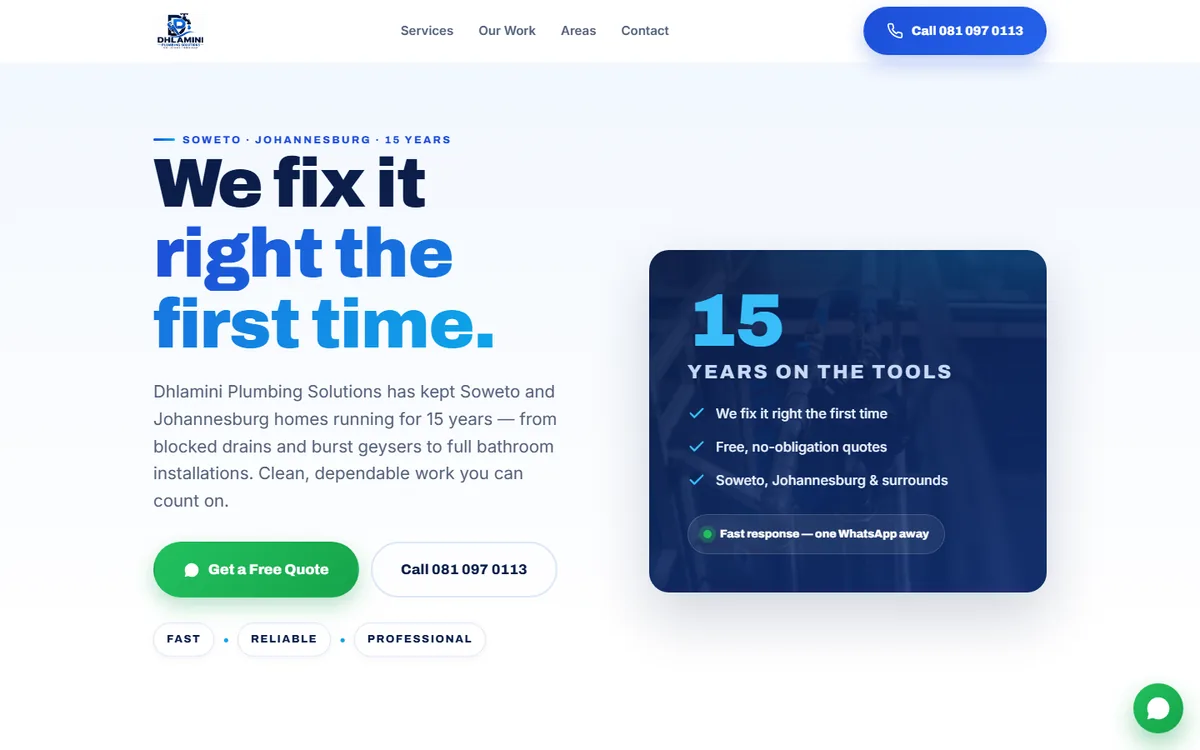 Dhlamini Plumbing Solutions website — hero section
