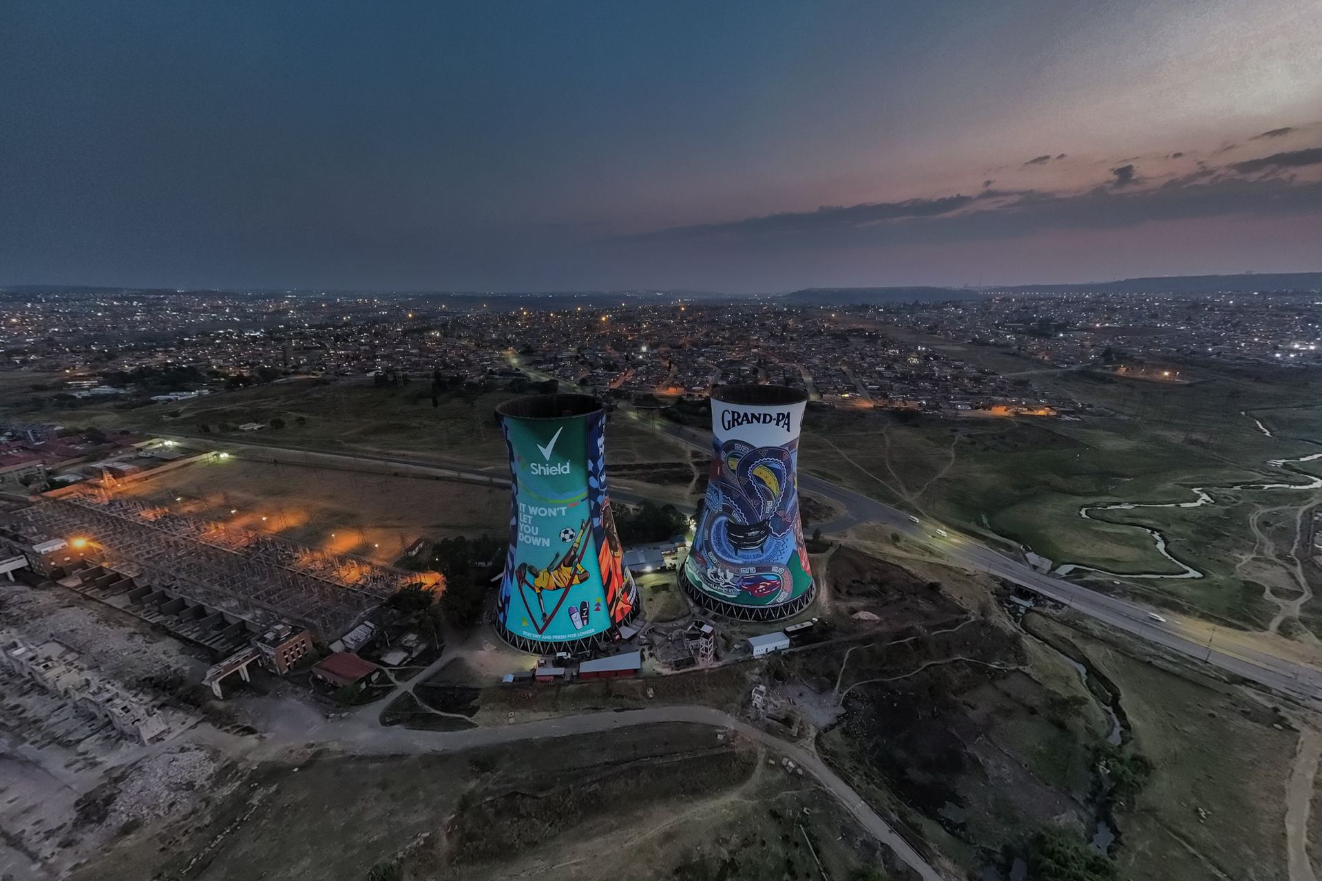Orlando Towers painted landmark in Soweto at twilight