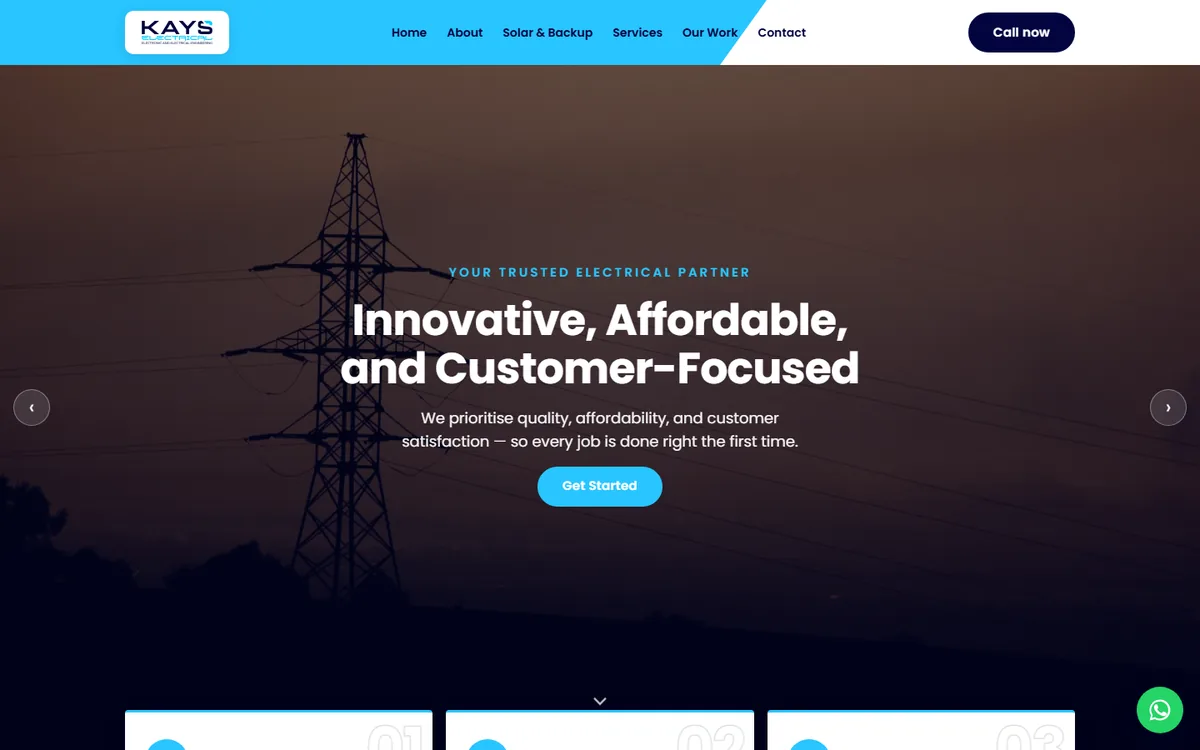 Kays Electrical website — hero section